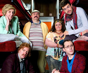 Inside No. 9. Image shows from L to R: Kath (Julie Hesmondhalgh), Jorg (Steve Pemberton), Les (Mark Benton), Shona (Jessica Gunning), Hugo (Jack Whitehall), Maxwell (Reece Shearsmith). Copyright: BBC Inside No. 9. Image shows from L to R: Kath (Julie Hesmondhalgh), Jorg (Steve Pemberton), Les (Mark Benton), Shona (Jessica Gunning), Hugo (Jack Whitehall), Maxwell (Reece Shearsmith). Copyright: BBC
