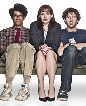 The IT Crowd. Image shows from L to R: Moss (Richard Ayoade), Jen (Katherine Parkinson), Roy (Chris O'Dowd). Copyright: TalkbackThames