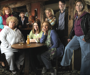 Jam & Jerusalem. Image shows from L to R: Eileen Pike (Maggie Steed), Rosie Bales (Dawn French), Tip Haddam (Pauline McLynn), Kate Bales (Rosie Cavaliero), Sal Vine (Sue Johnston), Caroline Martin (Jennifer Saunders), Dr James Vine (David Mitchell), Tash Vine (Sally Phillips). Copyright: BBC