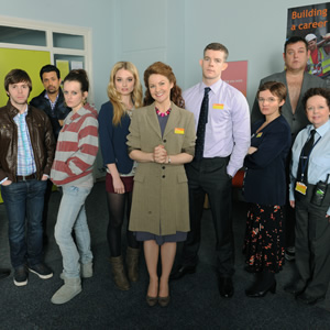 The Job Lot. Image shows from L to R: Adam Rogers (Nigel Boyle), Sunil Mitesh (Navin Chowdhry), Bryony (Sophie McShera), Chloe Granger (Emma Rigby), Trish (Sarah Hadland), Karl (Russell Tovey), Angela (Jo Enright), Graham (Tony Maudsley), Janette (Angela Curran). Copyright: Big Talk Productions