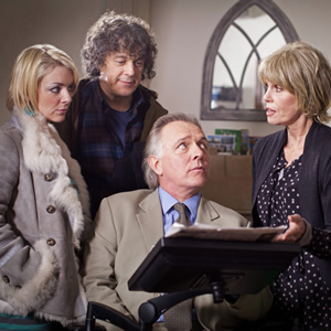 Jonathan Creek. Image shows from L to R: Joey Ross (Sheridan Smith), D.I. Gideon Pryke (Rik Mayall), Jonathan Creek (Alan Davies), Rosalind Tartikoff (Joanna Lumley). Copyright: BBC