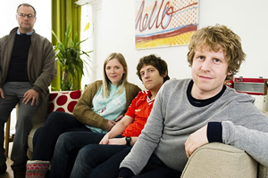 Josh. Image shows from L to R: Geoff (Jack Dee), Kate (Beattie Edmondson), Owen (Elis James), Josh (Josh Widdicombe). Copyright: BBC