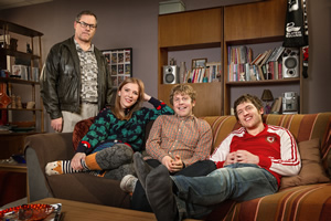 Josh. Image shows from L to R: Geoff (Jack Dee), Kate (Beattie Edmondson), Josh (Josh Widdicombe), Owen (Elis James). Copyright: BBC