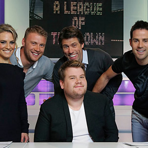 A League Of Their Own. Image shows from L to R: Georgie Ainslie, Andrew Flintoff, James Corden, John Bishop, Jamie Redknapp. Copyright: CPL Productions