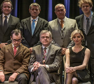 The Missing Hancocks. Image shows from L to R: Neil Pearson, Bill Kerr (Kevin Eldon), Kenneth Williams (Robin Sebastian), Tony Hancock (Kevin McNally), Sid James (Simon Greenall), Andrée Melly (Susy Kane), Ed Morrish. Copyright: BBC