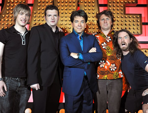 Michael McIntyre's Comedy Roadshow. Image shows from L to R: Daniel Sloss, Kevin Bridges, Michael McIntyre, Milton Jones, Craig Campbell. Copyright: Open Mike Productions