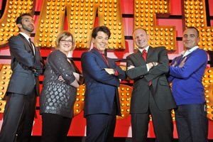 Michael McIntyre's Comedy Roadshow. Image shows from L to R: Imran Yusuf, Sarah Millican, Michael McIntyre, Simon Evans, Jimeoin. Copyright: Open Mike Productions