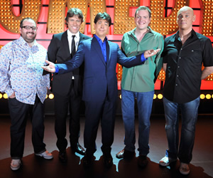Michael McIntyre's Comedy Roadshow. Image shows from L to R: Justin Moorhouse, John Bishop, Michael McIntyre, Miles Jupp, Terry Alderton. Copyright: Open Mike Productions