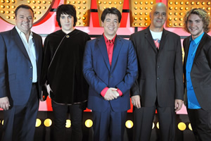 Michael McIntyre's Comedy Roadshow. Image shows from L to R: Hal Cruttenden, Noel Fielding, Michael McIntyre, Mike Gunn, Seann Walsh. Copyright: Open Mike Productions