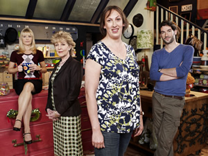 Miranda. Image shows from L to R: Stevie (Sarah Hadland), Penny (Patricia Hodge), Miranda (Miranda Hart), Gary (Tom Ellis). Copyright: BBC