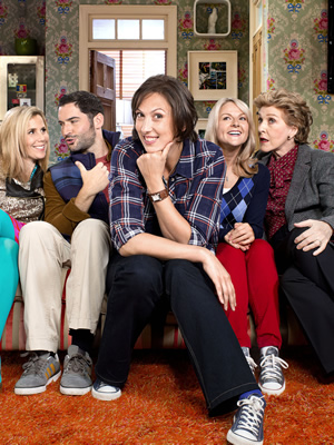 Miranda. Image shows from L to R: Tilly (Sally Phillips), Gary (Tom Ellis), Miranda (Miranda Hart), Stevie (Sarah Hadland), Penny (Patricia Hodge). Copyright: BBC