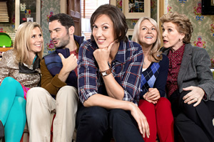 Miranda. Image shows from L to R: Tilly (Sally Phillips), Gary (Tom Ellis), Miranda (Miranda Hart), Stevie (Sarah Hadland), Penny (Patricia Hodge). Copyright: BBC