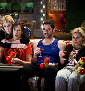 Miranda. Image shows from L to R: Penny (Patricia Hodge), Miranda (Miranda Hart), Gary (Tom Ellis), Tilly (Sally Phillips). Copyright: BBC