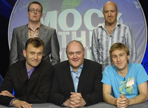 Mock The Week. Image shows from L to R: Frankie Boyle, Hugh Dennis, Dara O Briain, Andy Parsons, Russell Howard. Copyright: Angst Productions