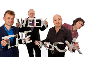 Mock The Week. Image shows from L to R: Hugh Dennis, Dara O Briain, Andy Parsons, Chris Addison. Copyright: Angst Productions