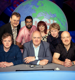 Mock The Week. Image shows from L to R: Miles Jupp, Hugh Dennis, Romesh Ranganathan, Dara O Briain, Angela Barnes, Josh Widdicombe, Andy Parsons. Copyright: Angst Productions