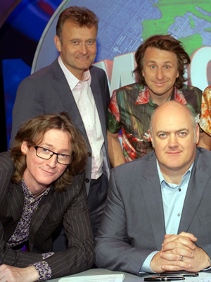 Mock The Week. Image shows from L to R: Hugh Dennis, Ed Byrne, Milton Jones, Dara O Briain. Copyright: Angst Productions