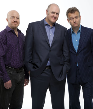 Mock The Week. Image shows from L to R: Andy Parsons, Dara O Briain, Hugh Dennis. Copyright: Angst Productions