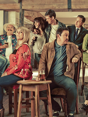 Mount Pleasant. Image shows from L to R: Barry Harris (Bobby Ball), Lisa Johnson (Sally Lindsay), Amber (Sophia Di Martino), Greg Porter (Adrian Bower), Dan Johnson (Daniel Ryan), Fergus Smythe (Neil Fitzmaurice). Copyright: Tiger Aspect Productions