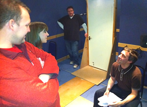 Studio Recording. Image shows from L to R: Dr Ray Marsh (Justin Edwards), Anna Madley, Harvey Easter (Mark Benton), Andrew Collins. Copyright: Avalon Television