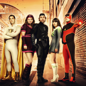 No Heroics. Image shows from L to R: Devlin, aka Excelsor (Patrick Baladi), Jenny, aka She-Force (Rebekah Staton), Don, aka Timebomb (James Lance), Sarah, aka Electroclash (Claire Keelan), Alex, aka The Hotness (Nicholas Burns). Copyright: Tiger Aspect Productions