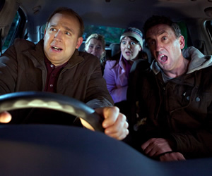 Not Going Out. Image shows from L to R: Tim (Tim Vine), Lucy (Sally Bretton), Daisy (Katy Wix), Lee (Lee Mack). Copyright: Avalon Television / Arlo Productions