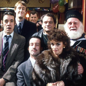 Only Fools And Horses. Image shows from L to R: Trigger (Roger Lloyd Pack), Rodney (Nicholas Lyndhurst), Boycie (John Challis), Del (David Jason), Marlene (Sue Holderness), Uncle Albert (Buster Merryfield). Copyright: BBC