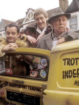 Only Fools And Horses. Image shows from L to R: Del (David Jason), Rodney (Nicholas Lyndhurst), Grandad (Lennard Pearce). Copyright: BBC