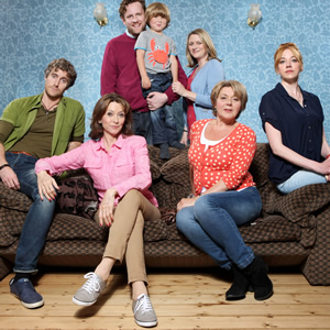 Pat & Cabbage. Image shows from L to R: Dylan (Tom Turner), Cabbage (Cherie Lunghi), Jim (Marcus Garvey), Jack (Luca Fereday), Helen (Rosie Cavaliero), Pat (Barbara Flynn), Nicola (Diane Morgan). Copyright: Red Production Company