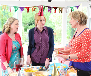 Pat & Cabbage. Image shows from L to R: Helen (Rosie Cavaliero), Nicola (Diane Morgan), Pat (Barbara Flynn). Copyright: Red Production Company