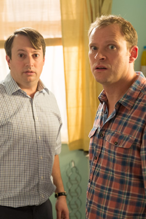 Peep Show. Image shows from L to R: Mark Corrigan (David Mitchell), Jeremy Usbourne (Robert Webb). Copyright: Objective Productions