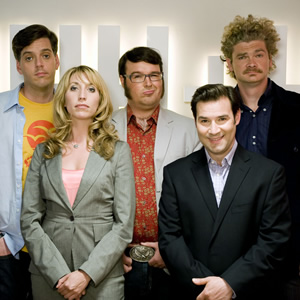 The Persuasionists. Image shows from L to R: Billy Hitchens (Iain Lee), Emma (Daisy Haggard), Clive Johnson (Jarred Christmas), Greg Bannister (Adam Buxton), Keaton (Simon Farnaby). Copyright: Bwark Productions