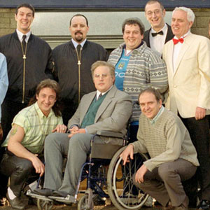 Phoenix Nights. Image shows from L to R: Paddy (Paddy McGuinness), Ray Von (Neil Fitzmaurice), Max (Peter Kay), Brian Potter (Peter Kay), Les (Toby Foster), Kenny Senior (Archie Kelly), Jerry St. Clair (Dave Spikey). Copyright: Goodnight Vienna Productions / Ovation Entertainments