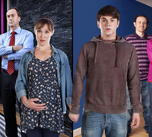 Pramface. Image shows from L to R: Alan Derbyshire (Angus Deayton), Laura Derbyshire (Scarlett Alice Johnson), Jamie Prince (Sean Michael Verey), Keith Prince (Ben Crompton). Copyright: BBC / Little Comet