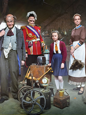 Professor Branestawm. Image shows from L to R: Professor Branestawm (Harry Hill), Colonel Dedshott (Simon Day), Connie (Madeline Holliday), Mrs. Flittersnoop (Vicki Pepperdine). Copyright: BBC