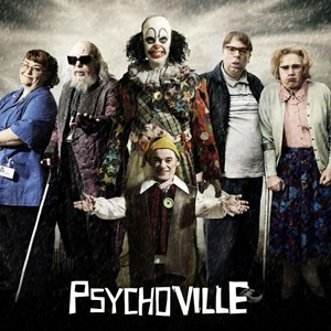 Psychoville. Image shows from L to R: Joy Aston (Dawn French), Oscar Lomax (Steve Pemberton), Robert Greenspan (Jason Tompkins), Mr Jelly (Reece Shearsmith), David Sowerbutts (Steve Pemberton), Maureen Sowerbutts (Reece Shearsmith). Copyright: BBC