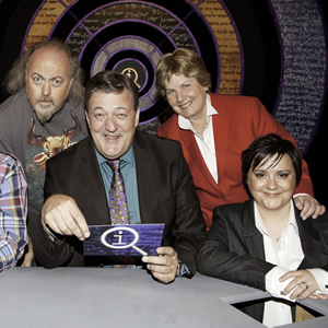 QI. Image shows from L to R: Bill Bailey, Stephen Fry, Sandi Toksvig, Susan Calman. Copyright: TalkbackThames