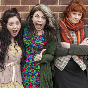 Raised By Wolves. Image shows from L to R: Germaine Garry (Helen Monks), Caitlin Moran, Caroline Moran. Copyright: Big Talk Productions