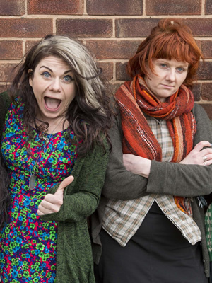 Raised By Wolves. Image shows from L to R: Caitlin Moran, Caroline Moran. Copyright: Big Talk Productions