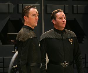 Red Dwarf. Image shows from L to R: Howard Rimmer (Mark Dexter), Rimmer (Chris Barrie). Copyright: Grant Naylor Productions / BBC