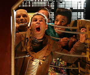 Red Dwarf. Image shows from L to R: Kryten (Robert Llewellyn), Lister (Craig Charles), Rimmer (Chris Barrie), Cat (Danny John-Jules). Copyright: Grant Naylor Productions / BBC