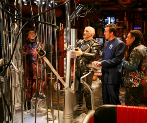 Red Dwarf. Image shows from L to R: Cat (Danny John-Jules), Kryten (Robert Llewellyn), Rimmer (Chris Barrie), Lister (Craig Charles). Copyright: Grant Naylor Productions / BBC