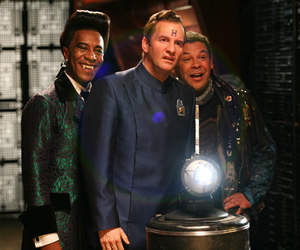 Red Dwarf. Image shows from L to R: Cat (Danny John-Jules), Rimmer (Chris Barrie), Lister (Craig Charles). Copyright: Grant Naylor Productions / BBC