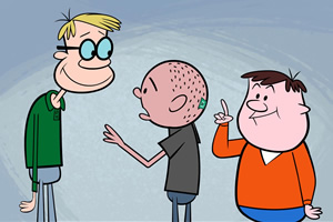 The Ricky Gervais Show. Image shows from L to R: Stephen Merchant, Karl Pilkington, Ricky Gervais. Copyright: Media Rights Capital / Wildbrain