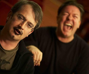 Image shows from L to R: Robin Ince, Ricky Gervais