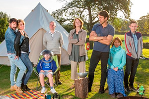 Camping. Image shows from L to R: Tom (Rufus Jones), Fay (Julia Davis), Archie (Oaklee Pendergast), Robin (Steve Pemberton), Fiona (Vicki Pepperdine), Adam (Jonathan Cake), Kerry (Elizabeth Berrington), Davey (Shaun Aylward). Copyright: Baby Cow Productions