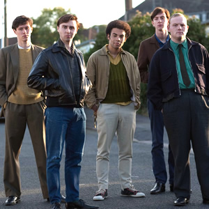 Rock & Chips. Image shows from L to R: Boycie (Stephen Lloyd), Del Boy (James Buckley), Trigger (Lewis Osborne), Jumbo Mills (Lee Long). Copyright: Shazam Productions / BBC