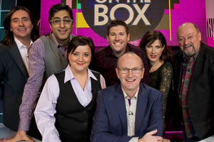 Scots On The Box. Image shows from L to R: Neil Oliver, Sanjeev Kohli, Susan Calman, Mark Nelson, Fred MacAulay, Ronni Ancona, Alex Norton. Copyright: BBC