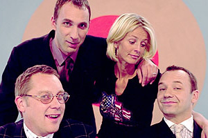 Shooting Stars. Image shows from L to R: Vic Reeves, Will Self, Ulrika Jonsson, Bob Mortimer. Copyright: Channel X / Pett Productions