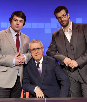 A Short History Of Everything Else. Image shows from L to R: Charlie Baker, Griff Rhys Jones, Marcus Brigstocke. Copyright: Twofour